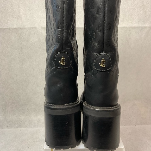 Jimmy Choo Monogram Embossed Leather Wedge Boots- Black- Barely Worn- Size 37.5 - Picture 6 of 14